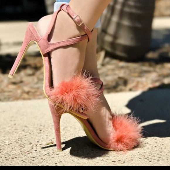 Shoes - Suede Ankle strapped fur heel
